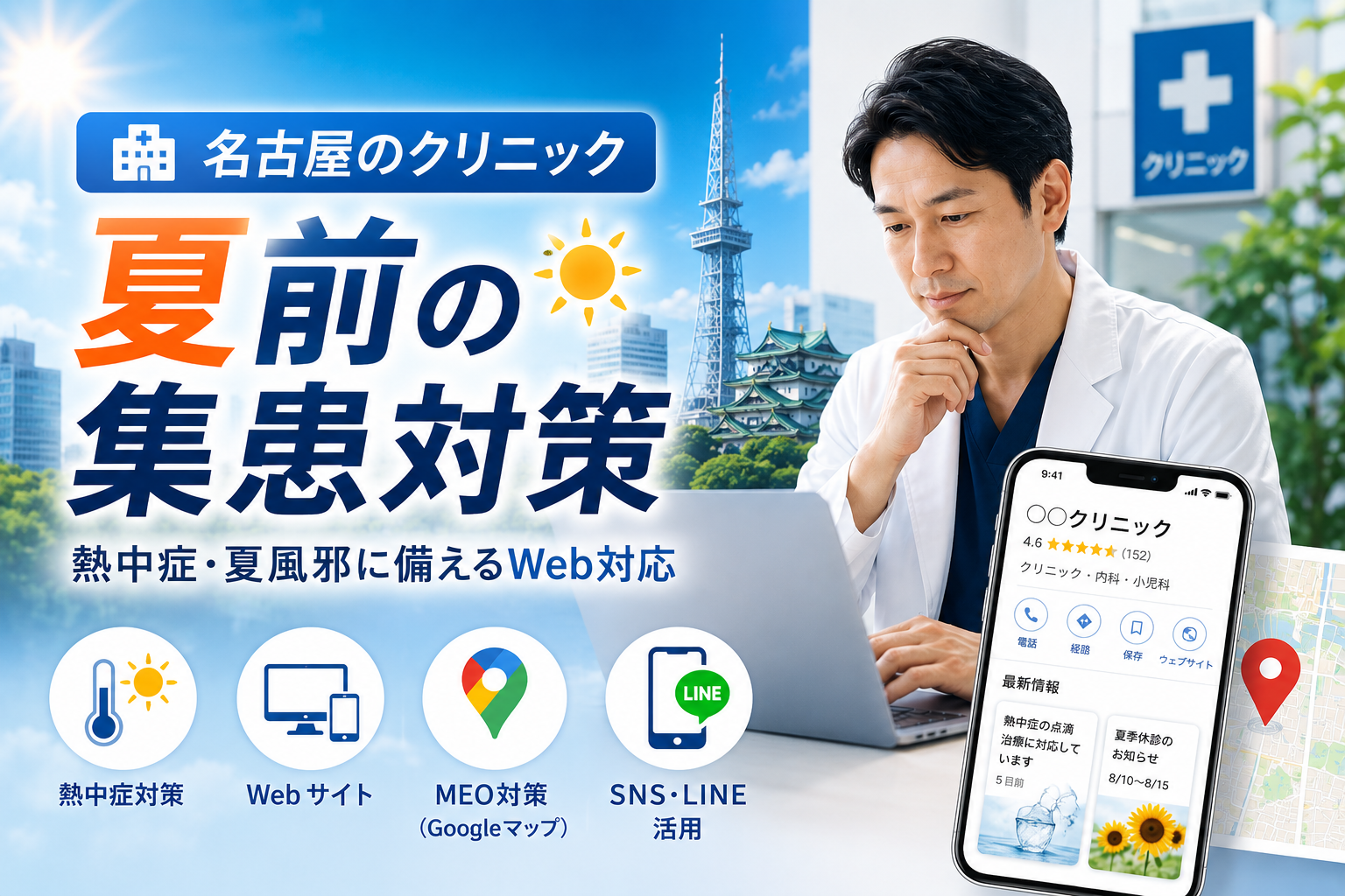 名古屋のクリニック向け夏前集患対策。熱中症・夏風邪シーズンに備えたWeb・MEO・SNS対応のイメージ。
