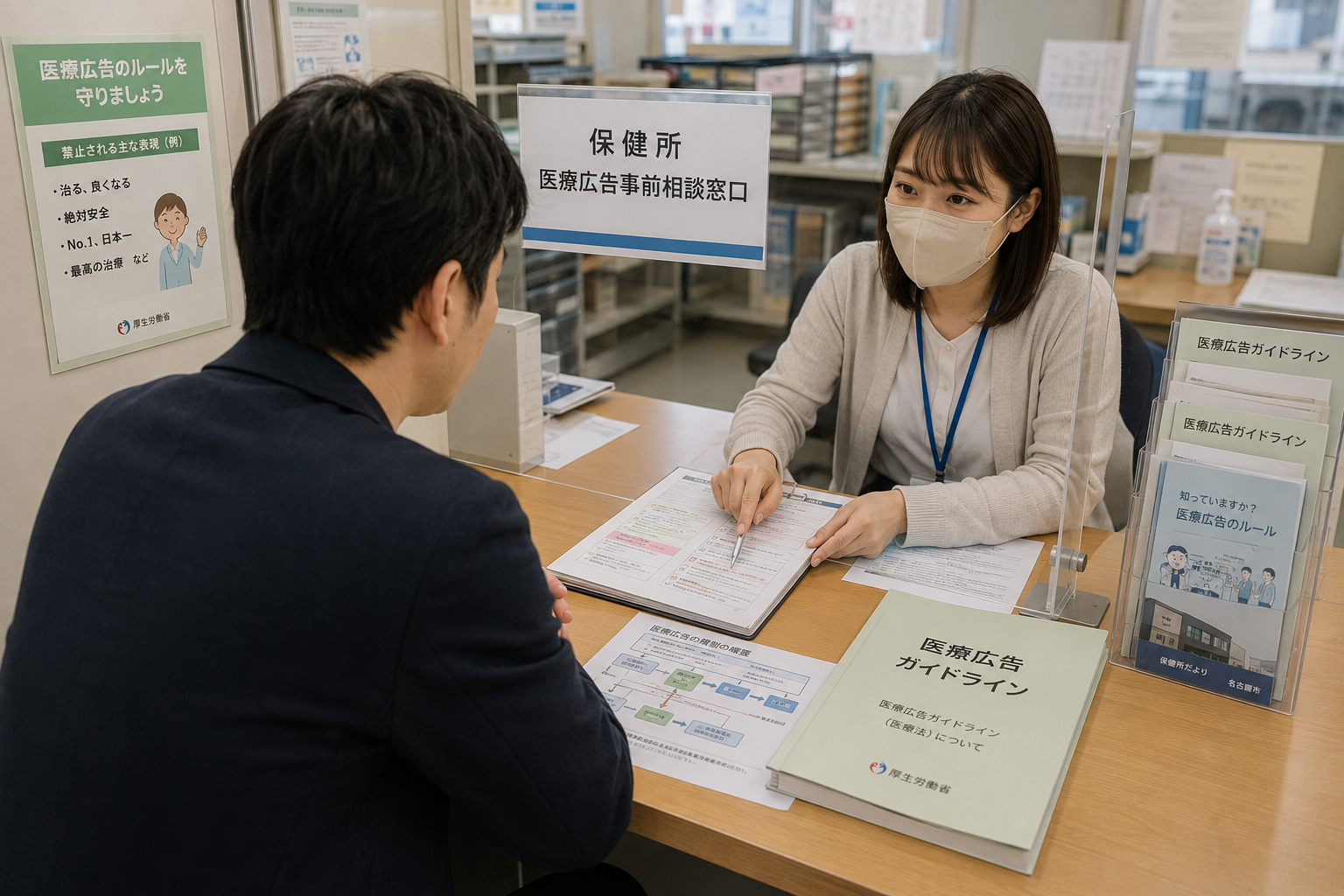 保健所で医療広告ガイドラインの事前相談を行う様子