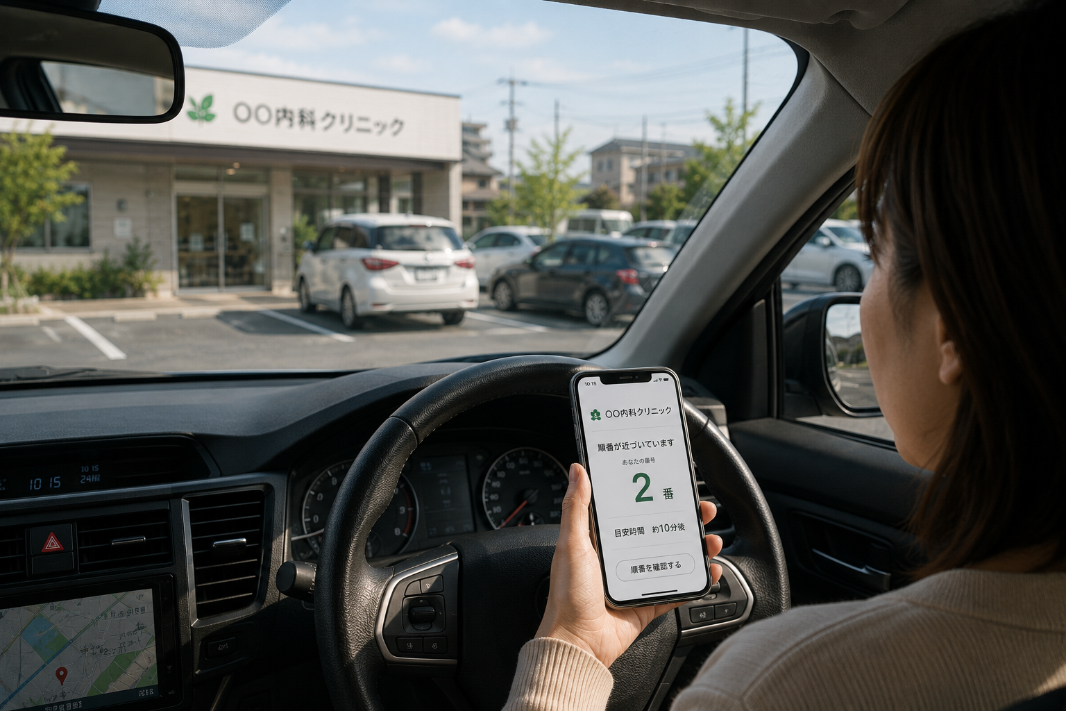 クリニック駐車場で車内待機しながら順番通知を確認する患者