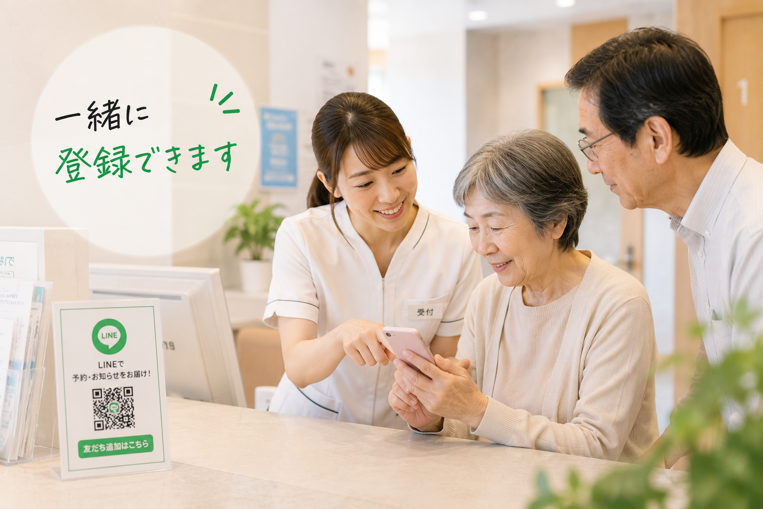 クリニック受付でスタッフがシニア患者へスマートフォンを使ったLINE登録方法を案内している様子