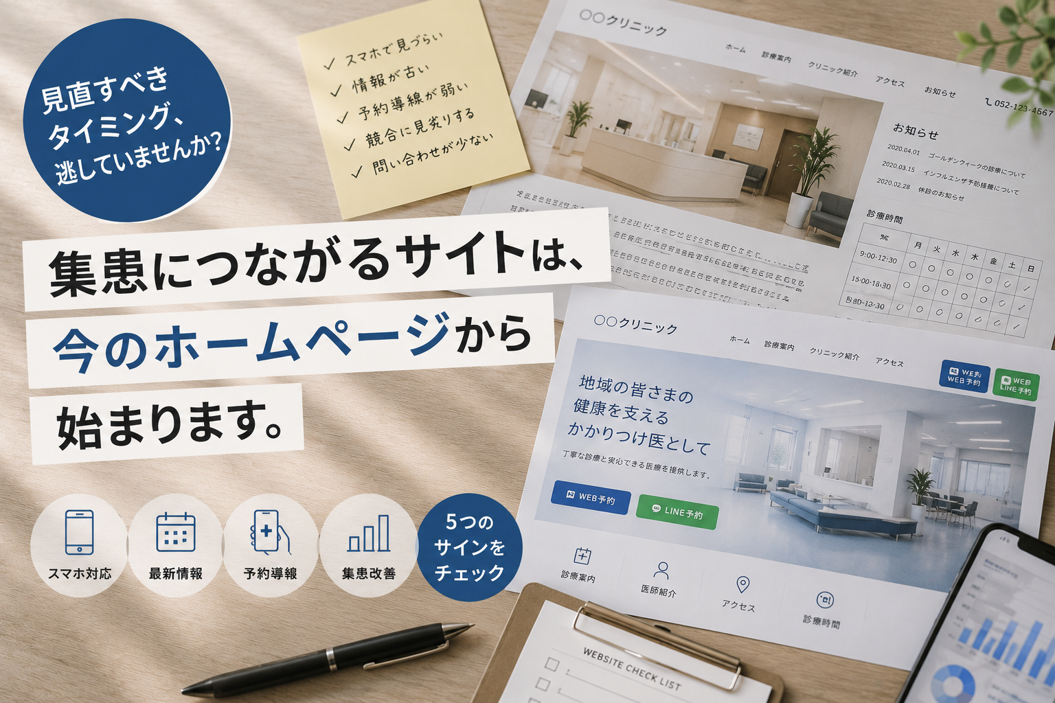 名古屋のクリニック向けホームページリニューアルの必要性をテーマに、古いサイトと新しいサイトを比較したデスクトップイメージ
