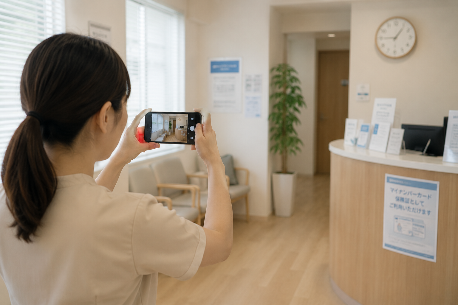 クリニックスタッフがGoogleビジネスプロフィール用の院内写真を撮影する様子