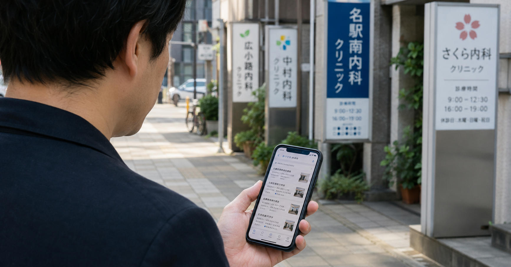 名古屋の街で複数の内科クリニックを比較しながら探す患者のイメージ