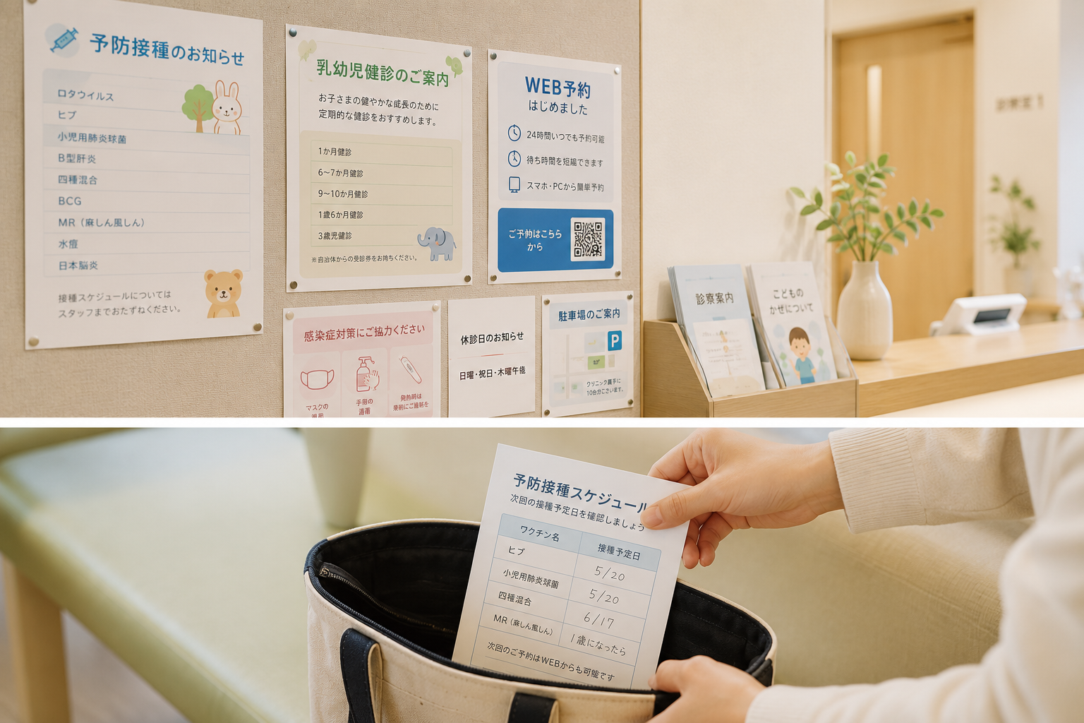 小児科クリニックの受付に掲示された予防接種・健診・Web予約の案内