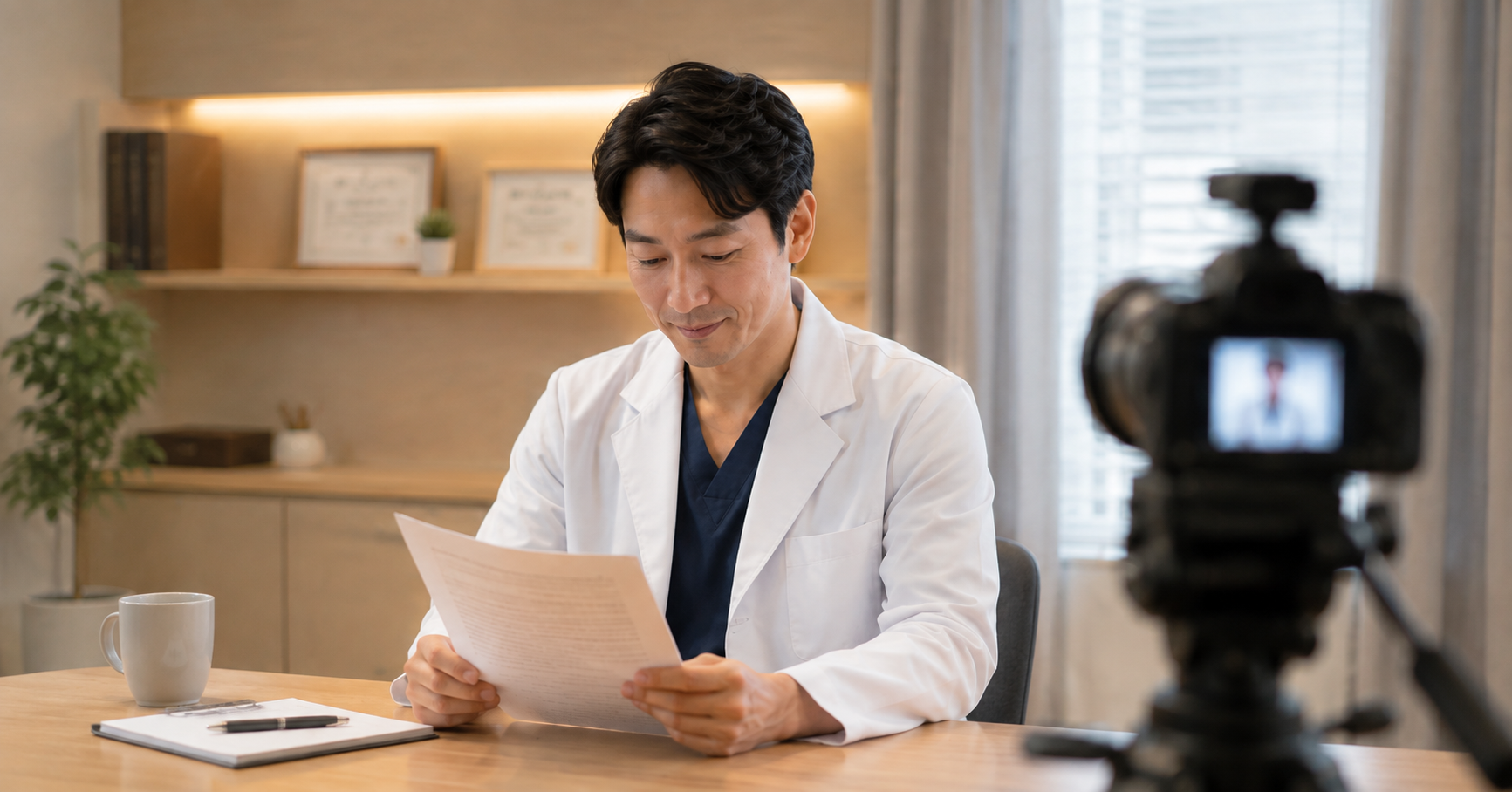 撮影前に原稿を確認しながら落ち着いて準備を進めるクリニック院長