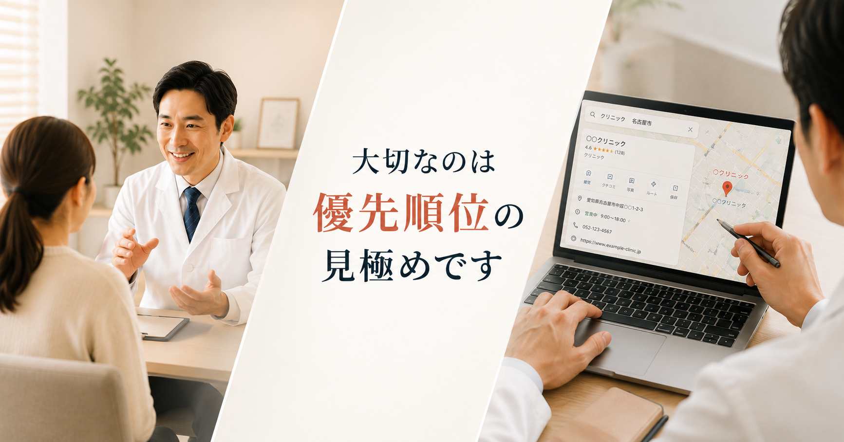 医師の診療風景とGoogleビジネスプロフィールの管理画面を対比し、優先順位を考えるイメージ