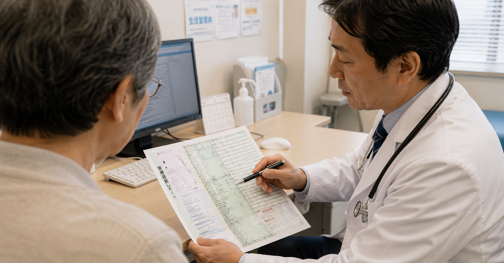 内科クリニックで医師に健診結果を見せて相談する患者