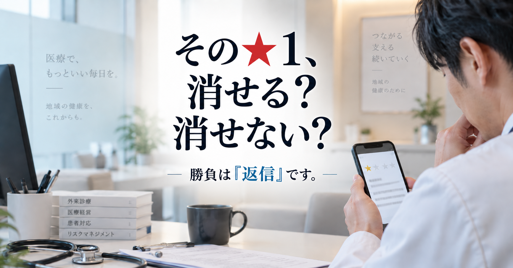 Googleマップで低評価口コミを確認し、削除より返信対応が重要であることを表現したクリニック向けイメージ