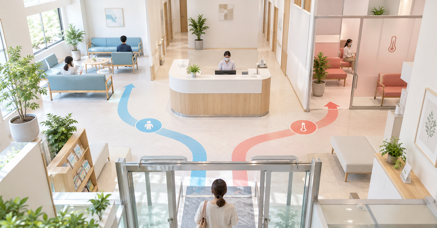 一般受診の患者と発熱患者で待機場所や院内動線を分けているクリニックのイメージ